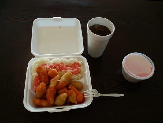 $5.29 for sweet and sour chicken with bars root beerd