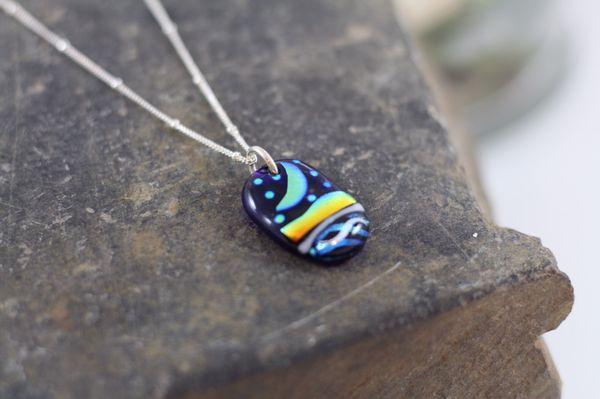 Crescent moon and star Dichroic glass pendant by Essential Glass Works