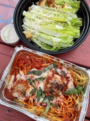 Spaghetti & meatballs and Caesar salad