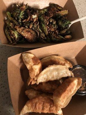 Potstickers and crispy brussel sprouts