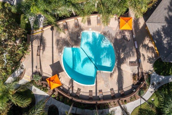 Aerial view of Casa Sierra's modern design sparkling swimming pool.