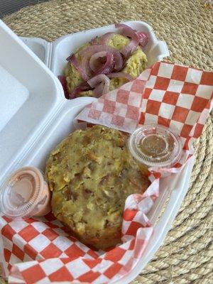 Mofongo Smashed Fried Plantain with Garlic Butter Sauce and Mangu' Mashed Plantains with butter.