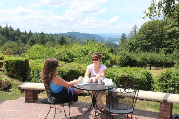 Meeting on the terrace behind Wright Hall with view toward Portland.