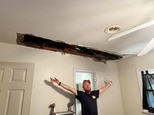 Ceiling collapsed due to failed pan switch. This is a good reason to have routine maintenances completed.