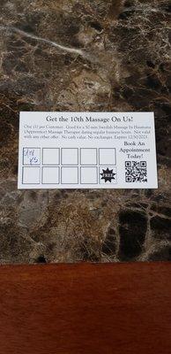 Stamp card 10th massage free!