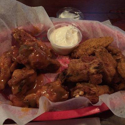 Wings! Dr's sauce on the left, maple rub on the right