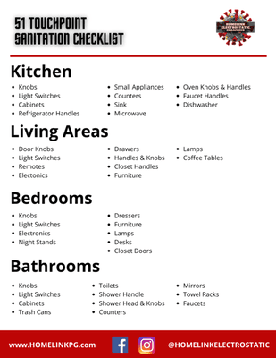 Our 51 TouchPoint CheckList Included with all of our ElectroStatic Cleaning Services