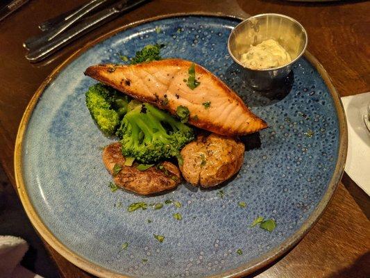 Salmon broccoli and crispy fingerling potatoes