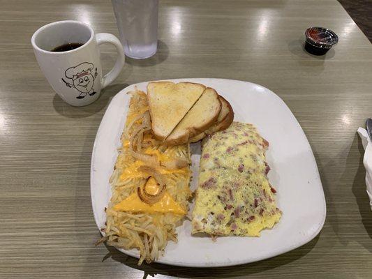 Meat Lovers Omelette with upgraded Hash Browns and Toast