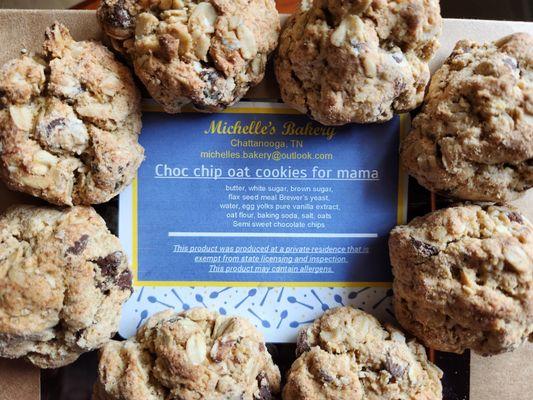 Photo of Chocolate Chip Oat Cookies for Mama with brewers yeast, flax, and oats. Label includes all ingredients.