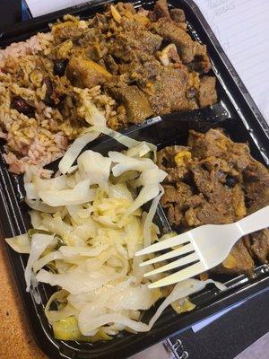 Curry Goat, cabbage and rice and peas mmmmmmm