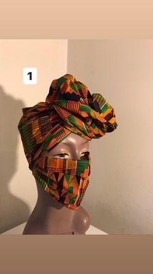 Authentic reusable African wax prints in mask & head wraps available in different colors. African men's mask available also. Stay safe