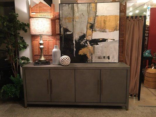 Taupe faux stingray cabinet with original acrylic abstract painting