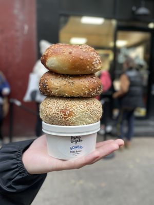 ig: @whatsviveating  | salt, everything, and sesame bagels and pesto butter schmear