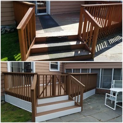 Removed floor boards and installed composite decking. Painted the spindles and rails. Added the lattice and pvc kick plates to the steps.