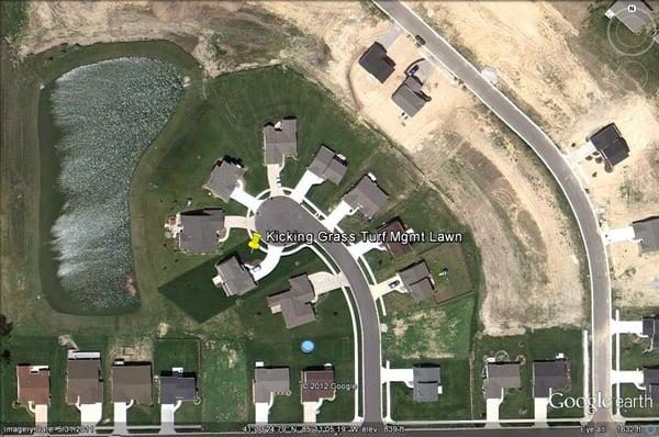 The dark green lawn with yellow pin is one of our customers, can you tell the difference? Picture is Copyright Google Earth 2012