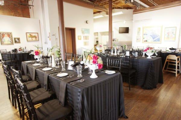 A beautiful wedding at Cultural Arts Center, downtown Columbus, Ohio. Imperial Stripe Linen and Black Chiavari Chairs--so perfect!