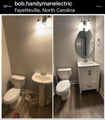 Vanity sink in half bath, giving a more modern look to the bathroom