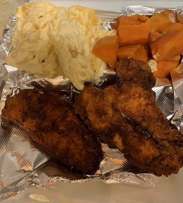 chicken breast, yams, and mac