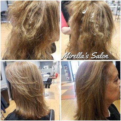 Highlight retouch and hydrating her hair with a mask to even out porosity of her hair.