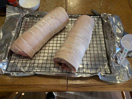 Inside seasoned, rolled up, and twined before before resting overnight.