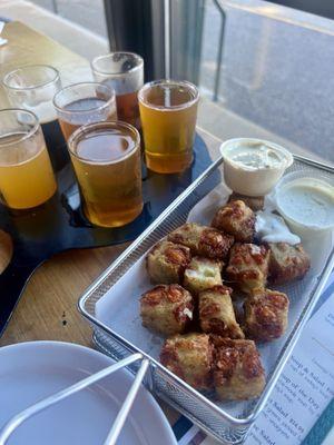 Cheese curds, beer flight