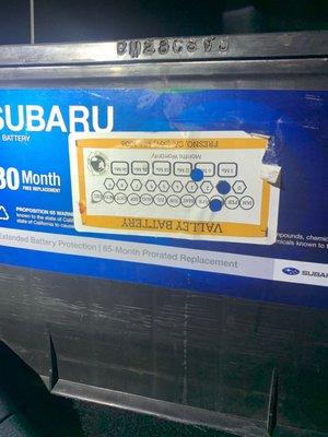 Refurbished Subaru battery that was in the car when we got it.