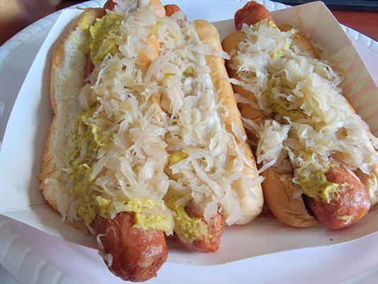 Dogs with mustard and kraut.