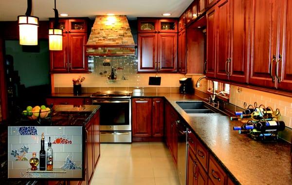 beautiful kitchen remodel with custom everything! notice the detail work in the backsplash above the stove.