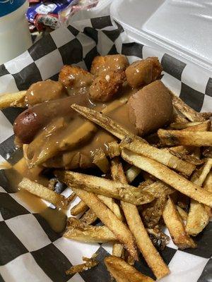 Poutine Dog with cheese curds and fries