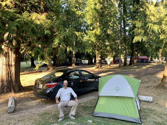 Here's my campsite with my car backed in, my tent set up and me just lounging, lol.