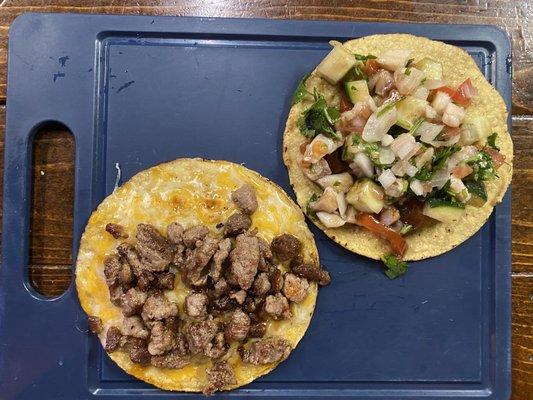 Left: Beef Volcán  Right: Ceviche Tostada