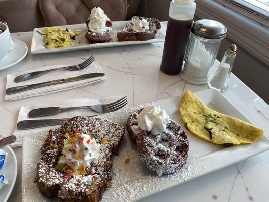 French toast, waffle Omelette flight