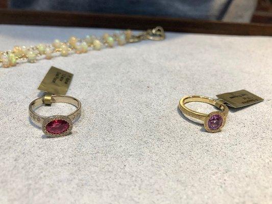 Pink Sapphire + Purple Sapphire yellow gold rings