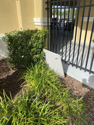 Womans bathroom stall door left outside pool area for weeks before management came to pick it up. Still hasn't been replaced.