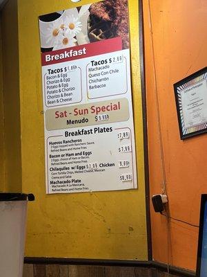 Breakfast taco menu