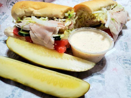 Turkey Tom (All Xtra Veggies), Quartered Jimmy's Pickle and Jimmy's Kickin' Ranch. Delicious!