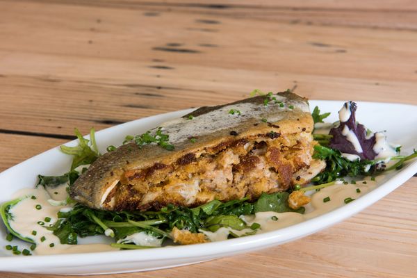 Crab and Cornbread Stuffed Trout, served with Garden Spaghetti Squash in a Lemongrass Cream Sauce