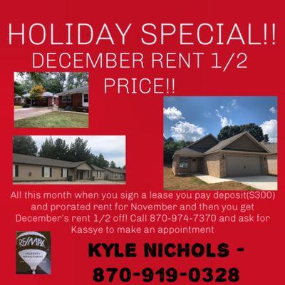 HOLIDAY SPECIAL!! Half off first full months rent!!