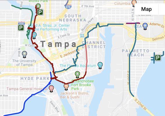 2018 Selmon Greenway Trail Map (Magenta), Bayshore Trail (Blue), Riverwalk Trail (Red), Meridian Trail (light red), Tampa