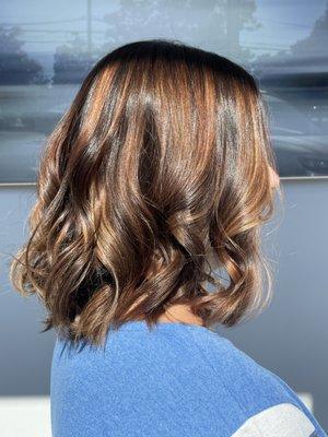 Balayage- hand painted highlights 
Topped with a custom autumnal glaze