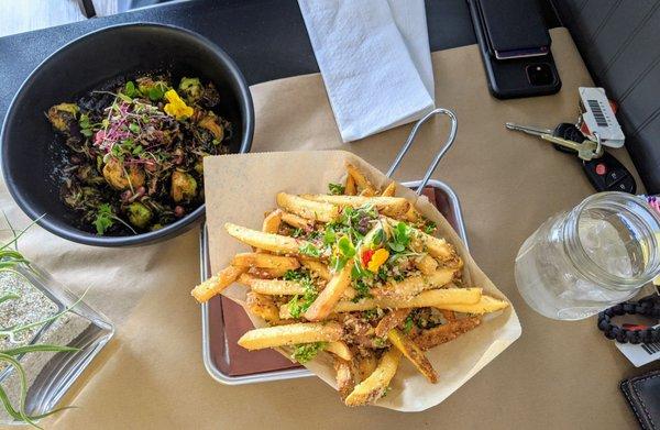 Brussel Sprout Salad and Truffle Fries