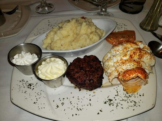 Surf and turf with garlic mashed potatoes.