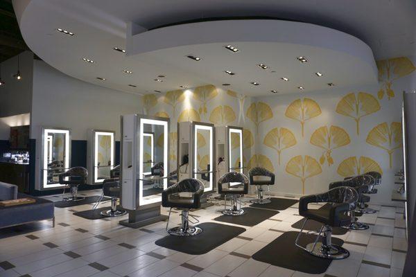 The chic salon interior and hair styling stations at W. Daly Salon Spa Aveda, Newnan's top salon and spa.