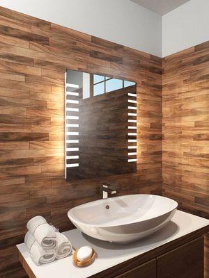 INSTALLED: BATHROOM MIRROR WITH LED LIGHTS ON WOOD VENEER LAYERED WALL