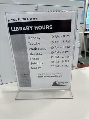 Library Hours as of 7-25-2023