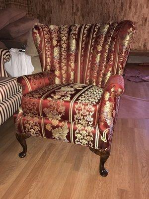 Gorgeous wing back chair reupholstered by Cestra Furniture