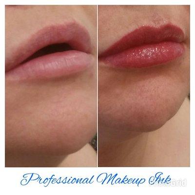 Client desired darker lip color before and after immediately taken after procedure