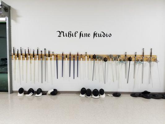 Swords on the wall at the Noble Science Academy.