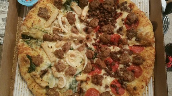 Half chicken, Sausage, Spinach, Onion, & Half Pepperoni, Sausage, Ground Beef all over light White Sauce, Buttery crust. Heck yeah!!